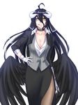  ahoge albedo alternate_costume black_hair breasts choker cleavage contemporary demon_girl formal gloves grin hand_on_hip horns long_hair low_wings medium_breasts overlord_(maruyama) pencil_skirt pinstripe_pattern side_slit sinhyul skirt skirt_suit smile solo striped suit vest white_gloves wings yellow_eyes 