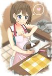  &gt;:) apron baking blue_eyes blush breasts brown_hair cleavage food food_on_body food_on_face hair_ornament hairclip heart kantai_collection maya_(kantai_collection) medium_breasts oven reina_(leinqchqn) remodel_(kantai_collection) short_hair skirt sleeveless smile solo spoken_heart v-shaped_eyebrows valentine x_hair_ornament 