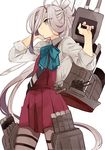  ahoge asashimo_(kantai_collection) hair_over_one_eye hita_(hitapita) kantai_collection long_hair machinery pantyhose ponytail remodel_(kantai_collection) school_uniform silver_hair solo turret 