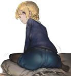  1girl :p aos ass bed bed_sheet black_legwear blonde_hair blue_eyes blue_skirt blue_sweater braid bulge darjeeling from_behind frottage full_body girls_und_panzer grinding hetero long_sleeves looking_at_viewer looking_back motion_lines on_bed pantyhose profile short_hair simple_background sitting skirt soles solo_focus st._gloriana's_school_uniform sweater tongue tongue_out white_background yokozuwari 