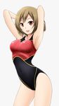  :d alternate_costume armpits arms_up bangs breasts brown_eyes brown_hair competition_swimsuit covered_navel cowboy_shot eyebrows eyebrows_visible_through_hair fuuma_nagi grey_background highleg highleg_swimsuit large_breasts looking_at_viewer meiko navel one-piece_swimsuit open_mouth short_hair simple_background smile solo standing swimsuit vocaloid 