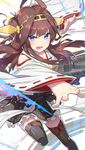  ahoge blue_eyes boots brown_hair chromatic_aberration double_bun hairband headgear kantai_collection kongou_(kantai_collection) long_hair nontraditional_miko open_mouth ribbon-trimmed_sleeves ribbon_trim saitou_naoki skirt solo thigh_boots thighhighs turret zettai_ryouiki 