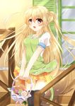  absurdres ahoge apron ass_visible_through_thighs bad_revision black_legwear blonde_hair brown_eyes downscaled_revision flower_basket highres long_hair looking_at_viewer md5_mismatch moe2016 one_side_up open_mouth original panties pink_panties sarina_(motiodayo) skirt solo stairs thighhighs underwear wind wind_lift window 