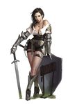  bad_artstation_id bad_id belt boots bra breasts cleavage collarbone contrapposto cowter dongho_kang gauntlets greaves high_heel_boots high_heels jewelry medium_breasts mouth_hold necklace sheath shield simple_background solo standing sword thigh_strap underwear weapon white_background 
