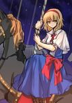  alice_margatroid blonde_hair blue_dress cape carousel cuffs dress hairband handcuffs looking_at_viewer night restrained sash sindre sitting sky solo star_(sky) starry_sky touhou yellow_eyes 
