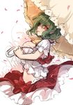  ascot breasts green_hair kazami_yuuka large_breasts looking_at_viewer midriff mouth_hold open_clothes open_vest parasol petals puffy_short_sleeves puffy_sleeves red_eyes shirt short_sleeves sindre skirt solo touhou umbrella vest 