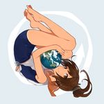  barefoot brown_eyes brown_hair earth fetal_position full_body hita_(hitapita) i-401_(kantai_collection) kantai_collection long_hair looking_at_viewer one-piece_swimsuit one-piece_tan plantar_flexion ponytail sailor_collar school_swimsuit smile solo swimsuit swimsuit_under_clothes tan tanline 