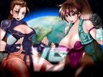  2girls breakers breakers_revenge breasts brown_hair chinese_clothes cleavage erect_nipples fighting_stance gloves headband jacket large_breasts leotard multiple_girls open_mouth pantyhose ponytail ryona shin_(studios) strip_fighter_v thigh_gap tia_langray wrist_wraps 