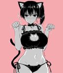  1girl alternate_costume animal_ears bangs bell bell_choker bell_collar blush bra breasts cat_cutout cat_day cat_ear_panties cat_ears cat_lingerie cat_tail choker cleavage_cutout closed_mouth collar collarbone commentary_request eyebrows_visible_through_hair frilled_bra frills groin hair_between_eyes jingle_bell kaga_(kantai_collection) kantai_collection kojima_saya large_breasts lingerie looking_at_viewer medium_hair meme_attire navel panties partially_colored paw_pose side-tie_panties side_ponytail simple_background skindentation solo standing tail underwear underwear_only 