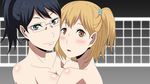  2girls black_hair blonde_hair blue_eyes blush breasts brown_eyes collarbone glasses haikyuu!! highres large_breasts looking_at_viewer mole multiple_girls nude parted_lips ponytail shimizu_kiyoko shiny shiny_skin side_ponytail simple_background smile upper_body volleyball volleyball_net yachi_hitoka 