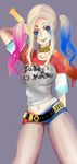  1girl belt blonde_hair blue_eyes breasts candy dc_comics harley_quinn multicolored_hair shorts suicide_squad twintails 