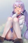  1girl azur_lane black_sailor_collar blush brown_footwear cardigan commentary_request covering_mouth eyebrows_visible_through_hair hair_ornament heavy_breathing highres holding holding_phone kelly_0w0 long_hair long_sleeves low_twintails masturbation masturbation_through_clothing neckerchief nose_blush open_mouth panties panties_under_pantyhose pantyhose phone pink_neckwear pleated_skirt purple_eyes purple_hair pussy_juice_stain sailor_collar saliva saliva_trail school_uniform scrunchie serafuku shoes signature sitting skirt solo twintails underwear unicorn_(amusement_park_date)_(azur_lane) unicorn_(azur_lane) very_long_hair white_legwear white_panties x_hair_ornament 