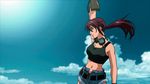  1girl animated animated_gif black_lagoon breasts firing gun long_hair midriff navel open_fly ponytail purple_hair revy_(black_lagoon) shorts solo standing tattoo weapon 