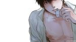  all_male black_eyes black_hair blush condom feiqiuxuan gintama hijikata_toushirou male nipples open_shirt white 