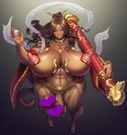  2016 breasts censored chinbotsu choker dark_skin futanari gigantic_breasts grin heart heart_censor highres huge_nipples jewelry large_penis lips monkey_tail muscle muscular_female navel_piercing orb original penis phallic_symbol piercing pole red_eyes revealing_clothes smile solo staff tail thick_thighs thighs wide_hips 
