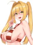  1girl :d ahoge armpit_crease bare_shoulders bead_bracelet beads bikini blonde_hair blush bracelet breasts cleavage commentary_request earrings erect_nipples fate/grand_order fate_(series) green_eyes hair_between_eyes hair_intakes hand_up jewelry large_breasts long_hair looking_at_viewer mitsukazu_(nijigen_complex) nero_claudius_(fate)_(all) nero_claudius_(swimsuit_caster)_(fate) open_mouth red_bikini sideboob sidelocks simple_background smile solo striped striped_bikini swimsuit twintails upper_body v white_background 