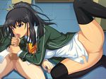  1girl black_hair blazer blue_eyes bottomless bow breasts censored collared_shirt erection fellatio fingernails floor fudegaki_soft green_jacket handjob heavily_censored hetero indoors jacket long_hair long_sleeves lying mosaic_censoring on_back on_floor on_side oral oral_sex orange_bow penis ponytail pussy ribbon saiminjutsu_3 school_uniform segawa_tsubasa shirt solo_focus spread_legs testicles thighhighs white_shirt yellow_ribbon 