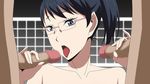  2boys black_hair blue_eyes censored collarbone double_handjob glasses haikyuu!! handjob highres long_hair looking_at_viewer mole mosaic_censoring multiple_boys nude open_mouth penis ponytail sandwiched shimizu_kiyoko simple_background solo_focus tongue upper_body volleyball volleyball_net 