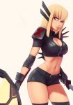  1girl absurdres belt black_gloves black_legwear blonde_hair blue_eyes breasts carlos_eduardo cleavage commentary dual_wielding gloves highres holding lips long_hair looking_at_viewer looking_to_the_side magik_(x-men) medium_breasts midriff navel parted_lips short_shorts shorts shoulder_pads simple_background solo sword thighhighs thighs weapon x-men yellow_background 