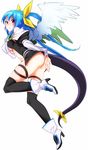  1girl arc_system_works ass asymmetrical_wings bare_shoulders black_legwear blue_hair blush boots breasts covering covering_ass detached_sleeves dizzy embarrassed full-face_blush guilty_gear guilty_gear_x guilty_gear_xx hair_ribbon long_hair looking_at_viewer looking_back red_eyes ribbon shiny shiny_hair shiny_skin solo tail tail_ribbon thighhighs un wavy_mouth wings 