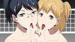  2girls black_hair blonde_hair blue_eyes blush breasts brown_eyes collarbone cum cum_in_mouth cum_on_body cum_on_breasts cum_on_hair cum_on_upper_body facial glasses haikyuu!! highres large_breasts looking_at_viewer multiple_girls nude open_mouth ponytail shimizu_kiyoko side_ponytail simple_background tongue upper_body volleyball volleyball_net yachi_hitoka 