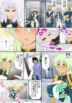  amano_jack_(paradise_jack) black_hair blonde_hair carta_issue comic commentary crutch earrings eyebrows green_hair grey_hair gundam gundam_08th_ms_team gundam_tekketsu_no_orphans highres inoue_kikuko jewelry long_hair makeup mask seiyuu_connection shiro_amada short_hair translated uniform 