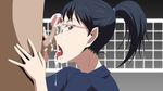  1girl after_fellatio black_hair blue_eyes censored clothed_female_nude_male cum cum_in_mouth erection facial glasses haikyuu!! highres long_hair looking_at_viewer mole mosaic_censoring open_mouth penis ponytail shimizu_kiyoko short_sleeves simple_background solo_focus standing tongue tongue_out upper_body volleyball volleyball_net 