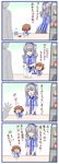  4koma :d ^_^ alternate_costume beret brown_hair closed_eyes closed_mouth comic commentary_request drooling employee_uniform fang flying_sweatdrops grey_hair hair_ornament hairclip hat highres ikazuchi_(kantai_collection) kantai_collection kashima_(kantai_collection) kotanu_(kotanukiya) lawson long_sleeves multiple_girls open_mouth short_hair short_sleeves sleeves_past_wrists smile translated uniform younger 