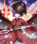  &gt;:) adjusting_clothes adjusting_hat bad_id bad_pixiv_id bowl bowl_hat cloud cloudy_sky cowboy_shot glint hat holding_needle japanese_clothes kimono light_particles looking_at_viewer needle night night_sky obi purple_eyes purple_hair round_window sash short_hair sky smile solo someya_mai star_(sky) starry_sky sukuna_shinmyoumaru touhou unmoving_pattern v-shaped_eyebrows 