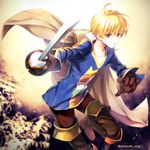  ahoge blonde_hair blue_shirt boots brown_footwear brown_legwear cape expressionless final_fantasy final_fantasy_tactics gloves long_hair looking_at_viewer male_focus pants ponytail ramza_beoulve rapier red_eyes shirt shuri_yasuyuki solo sword thigh_boots thighhighs twitter_username weapon 