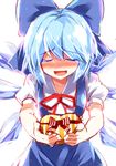  blue_dress blue_hair blush bow box cirno dress e.o. gift gift_box giving hair_bow happy heart-shaped_box ice ice_wings incoming_gift lovestruck open_mouth puffy_short_sleeves puffy_sleeves shirt short_sleeves smile solo touhou wings 