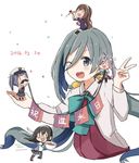  5girls ahoge anniversary asashimo_(kantai_collection) ashigara_(kantai_collection) blue_hair bow bowtie commentary_request dated facial_hair fairy_(kantai_collection) grey_eyes grey_hair hat kantai_collection kasumi_(kantai_collection) kiyoshimo_(kantai_collection) long_hair low_twintails minigirl multicolored_hair multiple_girls mustache one_eye_closed ooyodo_(kantai_collection) open_mouth pantyhose peaked_cap remodel_(kantai_collection) riz_(ravel_dc) school_uniform sitting sitting_on_head sitting_on_person sitting_on_shoulder thighhighs translation_request twintails v 