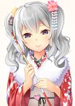  absurdres arrow blush byte_(allbyte) flower fur_trim grey_eyes hair_flower hair_ornament hamaya highres japanese_clothes kantai_collection kanzashi kashima_(kantai_collection) kimono long_hair looking_at_viewer new_year obi sash sidelocks silver_hair smile solo tsumami_kanzashi tsurime twintails wavy_hair 