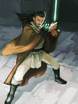  beard belt boots energy_sword facial_hair hallway jedi lightsaber long_hair looking_at_viewer male_focus manly qui-gon_jinn realistic science_fiction solo star_wars sword tunic weapon 