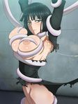  1girl areolae armpits arms_up black_dress black_hair blush breast_grab breasts cum cum_in_mouth cum_on_body cum_on_upper_body cum_string dress fubuki_(one-punch_man) grabbing green_eyes highres huge_breasts ice_place legs long_sleeves looking_back mound_of_venus nipples no_bra no_panties one-punch_man rape restrained short_hair solo_focus standing sweat tentacle thighs torn_clothes 