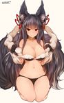  absurdres animal_ears artist_name bangs bell black_hair blush bow breasts cleavage erune fox_ears fox_tail gloves granblue_fantasy hair_bell hair_bow hair_ornament highres jewelry large_breasts long_hair looking_at_viewer navel necklace red_eyes seiza simple_background sitting skindentation smile solo tail thick_thighs thighhighs thighs tsurime very_long_hair white_background wide_hips yaman yuel_(granblue_fantasy) 