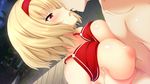  1girl bikini blonde_hair blush breast_grab breasts face-to-face game_cg grabbing hairband hetero highres large_breasts lucia_of_end nipples nora_to_oujo_to_noraneko_heart oozora_itsuki open_mouth plant potted_plant puffy_nipples red_bikini red_eyes short_hair swimsuit 