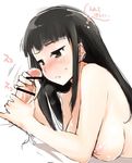  1girl bar_censor black_hair breasts brown_eyes censored hair_down handjob hetero large_breasts long_hair mozu_(peth) nipples nude penis sakamoto_mio solo_focus strike_witches thought_bubble translation_request two-handed_handjob world_witches_series 