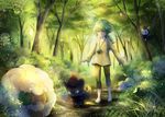  barefoot bush capri_pants chain cottonee dappled_sunlight eevee emolga forest gen_1_pokemon gen_5_pokemon grass green_eyes green_hair highres in_tree light_rays looking_at_viewer male_focus mio_(mio84214) n_(pokemon) nature outdoors pants path petilil plant pokemon pokemon_(creature) road smile sunbeam sunlight tree walking watermark whimsicott zorua 