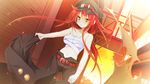  banchou bandaged_arm bandages belt breasts covered_nipples frown game_cg hat koiseyo!!_imouto_banchou long_hair medium_breasts navel nogami_hinoe pants peaked_cap red_hair sarashi school_uniform solo torn_clothes very_long_hair yellow_eyes 