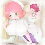  bent_over blush breasts chibi clipboard commentary_request final_fantasy final_fantasy_v gigantic_breasts green_eyes hat lenna_charlotte_tycoon nurse nurse_cap pink_hair ryukishi smile solo 