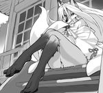  animal_ears bare_legs crossed_legs fan fox_ears fox_tail fur furry holding jewelry kikurage_(crayon_arts) long_hair long_sleeves looking_at_viewer monochrome necklace original sitting snout solo stairs tail 