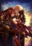  albert_(shingeki_no_bahamut) armor black_gloves blonde_hair building cape cloud collarbone electricity gauntlets gloves granblue_fantasy head_rest highres knee_pads looking_at_viewer male_focus pants parted_lips pauldrons red_eyes shingeki_no_bahamut short_sleeves signature sitting sky smile solo sword tenyo0819 torn_cape weapon 