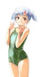  blue_eyes blue_hair chikuwa_(tks) grin kantai_collection new_school_swimsuit one-piece_swimsuit ooshio_(kantai_collection) school_swimsuit short_hair smile solo standing swimsuit twintails 