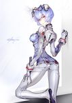  2016 adapted_costume arched_back artist_name ass ayanami_rei back blue_bodysuit blue_hair bodysuit boots breasts closed_mouth clothes_writing crotch_seam eyebrows eyebrows_visible_through_hair fishine gloves hair_ornament headgear looking_at_viewer looking_back medium_breasts neon_genesis_evangelion pilot_suit plugsuit red_eyes reflection short_hair signature solo strap_gap test_plugsuit white_bodysuit wrist_cuffs 