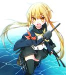  black_legwear blonde_hair brown_footwear crescent crescent_moon_pin dual_wielding fang gun highres holding holding_gun holding_weapon jacket kantai_collection kida_mochi leg_up loafers long_hair long_sleeves looking_at_viewer low_twintails machinery open_mouth remodel_(kantai_collection) satsuki_(kantai_collection) school_uniform serafuku shoes skirt smile solo thighhighs twintails twitter_username water weapon yellow_eyes 