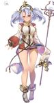  absurdres artist_name ass_visible_through_thighs bare_legs blush boots breasts brown_eyes fingerless_gloves full_body gloves granblue_fantasy grin half-closed_eyes hat high_heels highres holding holding_staff large_breasts legs long_hair long_sleeves looking_at_viewer parted_lips shiny shiny_skin signature silver_hair simple_background smile solo sophia_(granblue_fantasy) staff teeth thigh_gap thighs twintails wand white_background yaman 