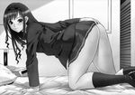  all_fours amagami ass bed blush greyscale hairband highres iruma_kamiri kibito_high_school_uniform long_hair long_legs long_sleeves monochrome morishima_haruka pillow pleated_skirt school_uniform skirt solo 