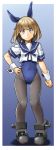  1girl adapted_costume alto-00 animal_ears black_legwear blue_leotard blue_neckwear blue_sailor_collar boots breasts brown_eyes brown_hair bunny_ears bunny_girl bunnysuit covered_navel eyebrows_visible_through_hair fake_animal_ears full_body hair_between_eyes hand_on_hip highres kantai_collection leotard leotard_under_clothes long_hair looking_at_viewer neckerchief oboro_(kantai_collection) pantyhose rubber_boots sailor_collar school_uniform serafuku shirt shoes short_hair short_sleeves small_breasts smile solo standing white_shirt wrist_cuffs 