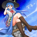  :d above_clouds blue_hair boots brown_footwear crossed_legs floating_rock hand_in_hair hat hinanawi_tenshi knee_boots long_hair looking_at_viewer monrooru open_mouth puffy_short_sleeves puffy_sleeves red_eyes rope shimenawa shirt short_sleeves sitting_on_rock skirt sky smile smug solo star_(sky) starry_sky touhou translated v-shaped_eyebrows very_long_hair 